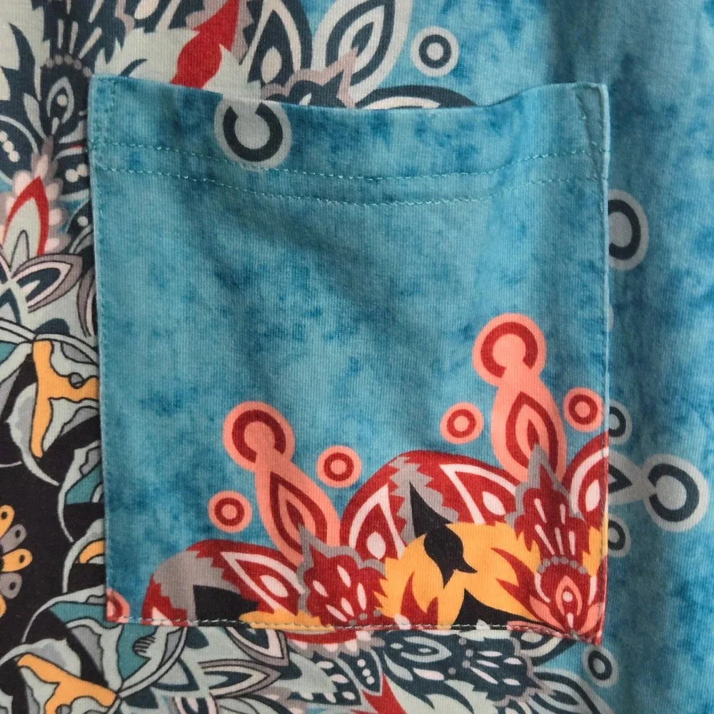 Boho Blue Mandala Print V-Neck Short Sleeve Pocket T-Shirt Dress Medium Resort